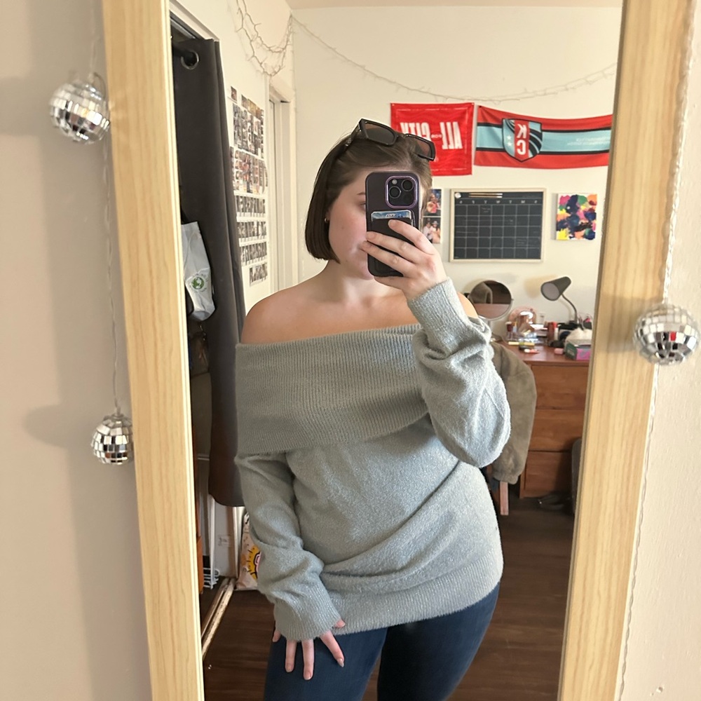 INC International Concepts Light Gray Off-Shoulder Sweater